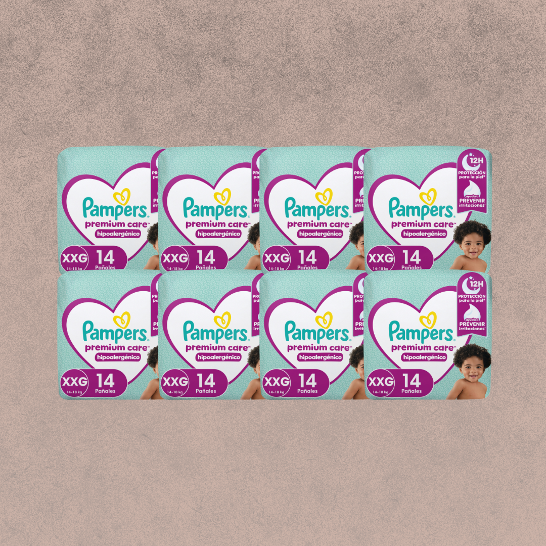 8 Paquetes de Pañales Pampers premium care Talla XXG 112 unidades