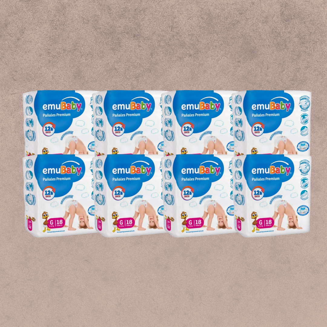 8 Paquetes de Pañales Emubaby super premium Talla G / 144 un