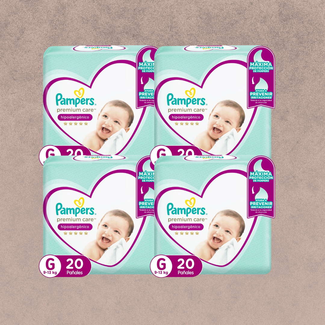 4 Paquetes de Pañales Pampers premium care Talla G 80 unidades
