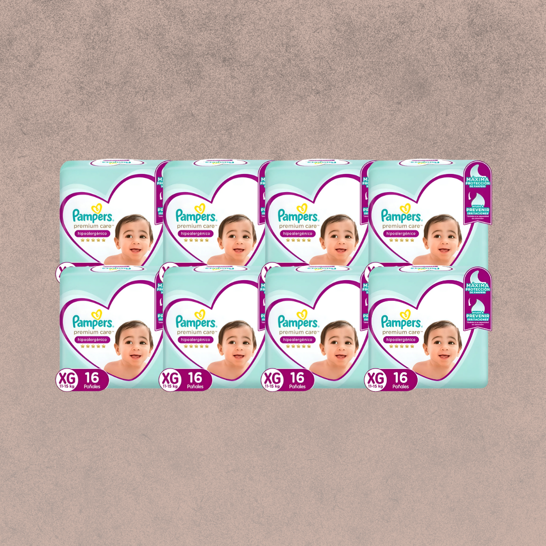 8 Paquetes de Pañales Pampers premium care Talla XG 128 unidades