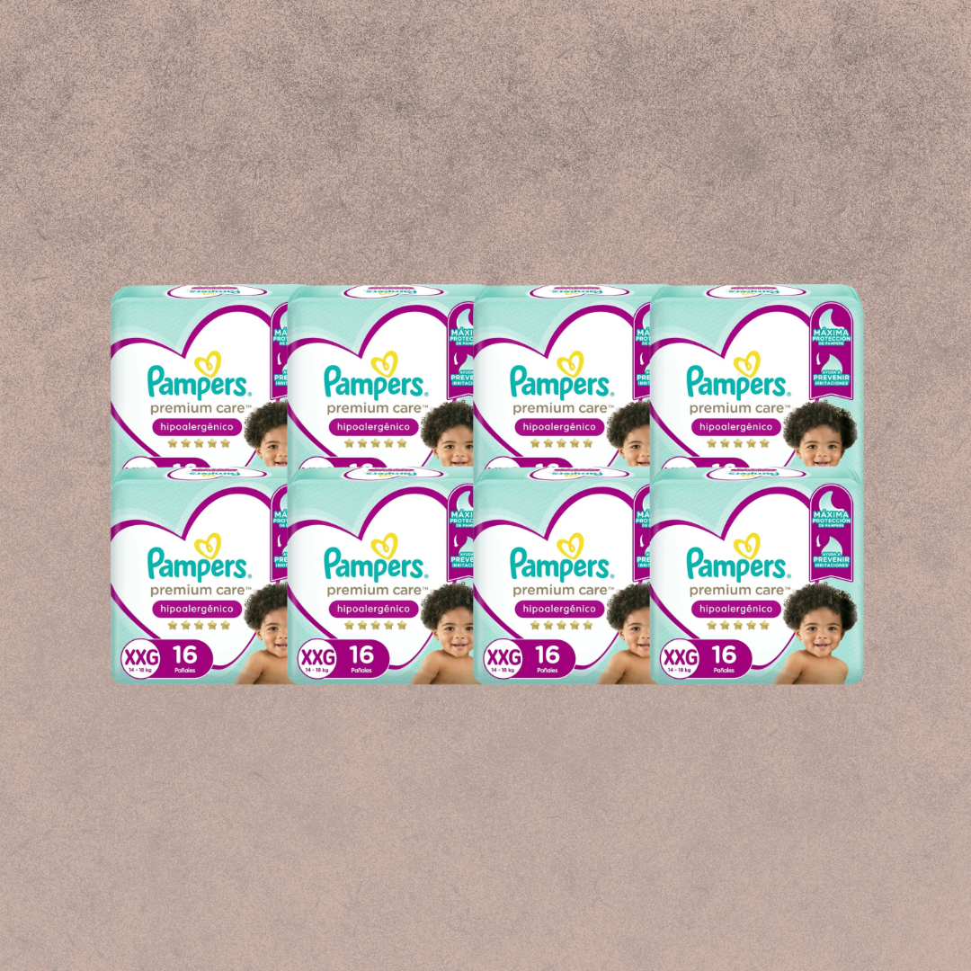 8 Paquetes de Pañales Pampers premium care Talla XXG 128 unidades