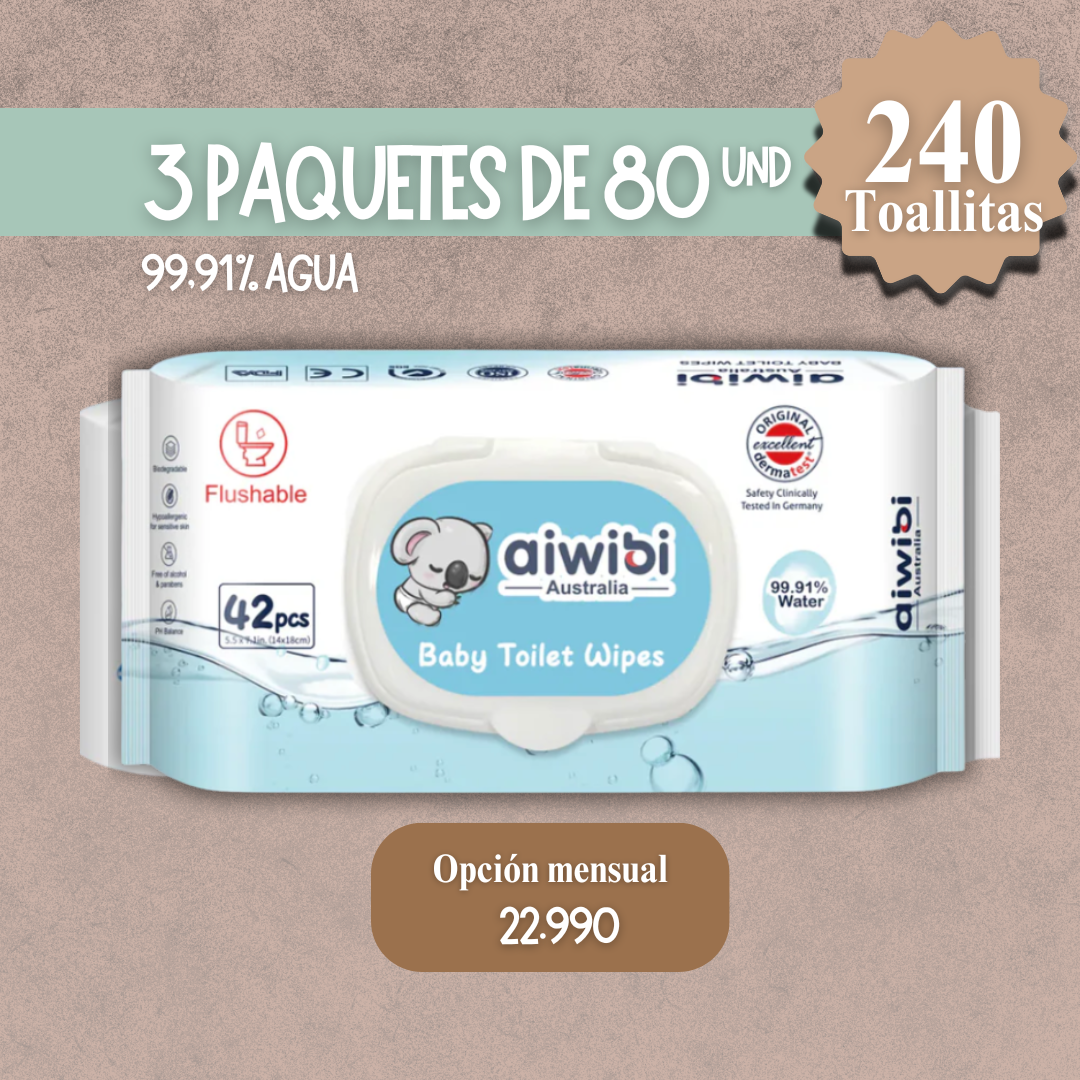 3 Paquetes de 80 Unidades Toallitas 99,1% Agua