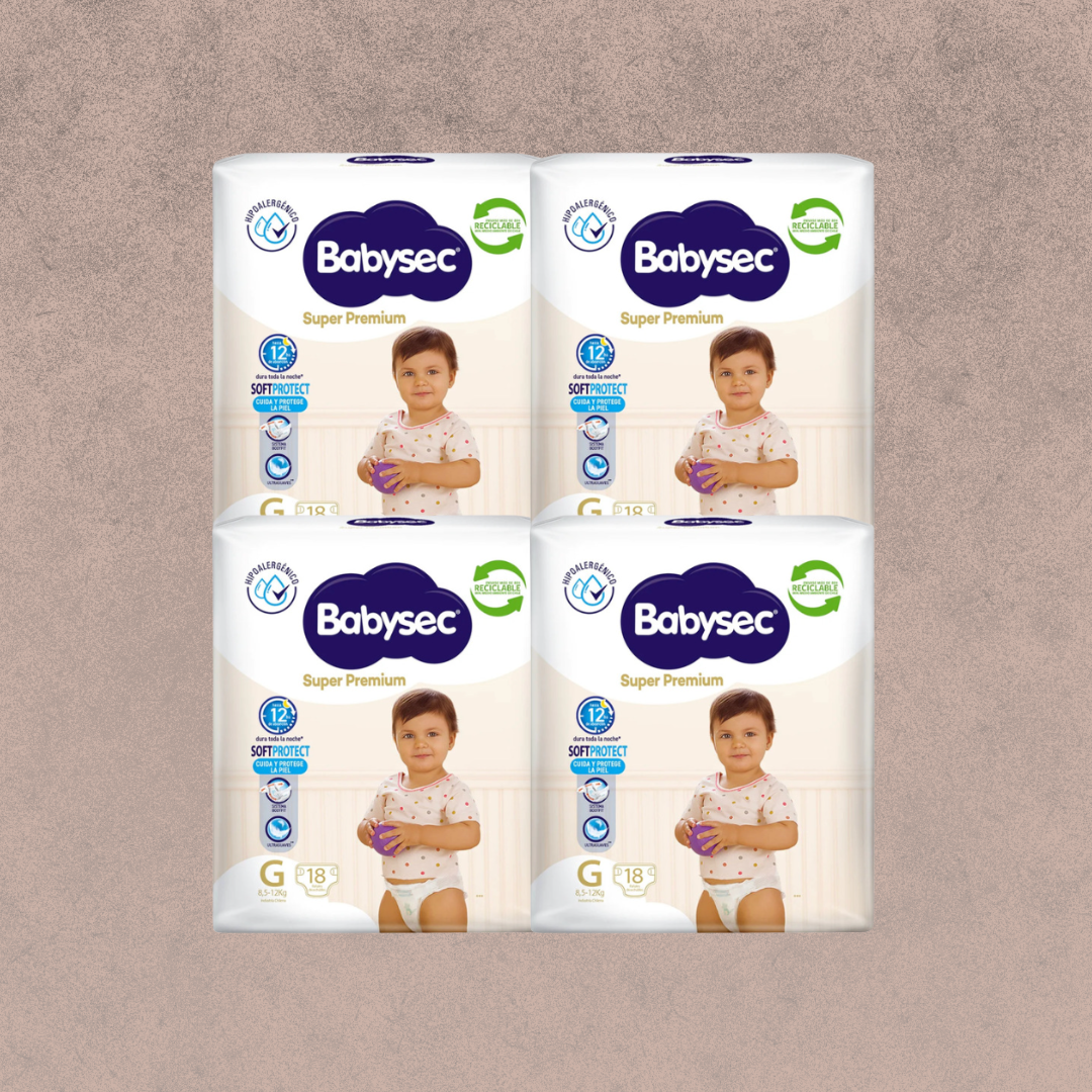 4 Paquetes de Pañales Babysec Super premium Talla G. 72 unidades