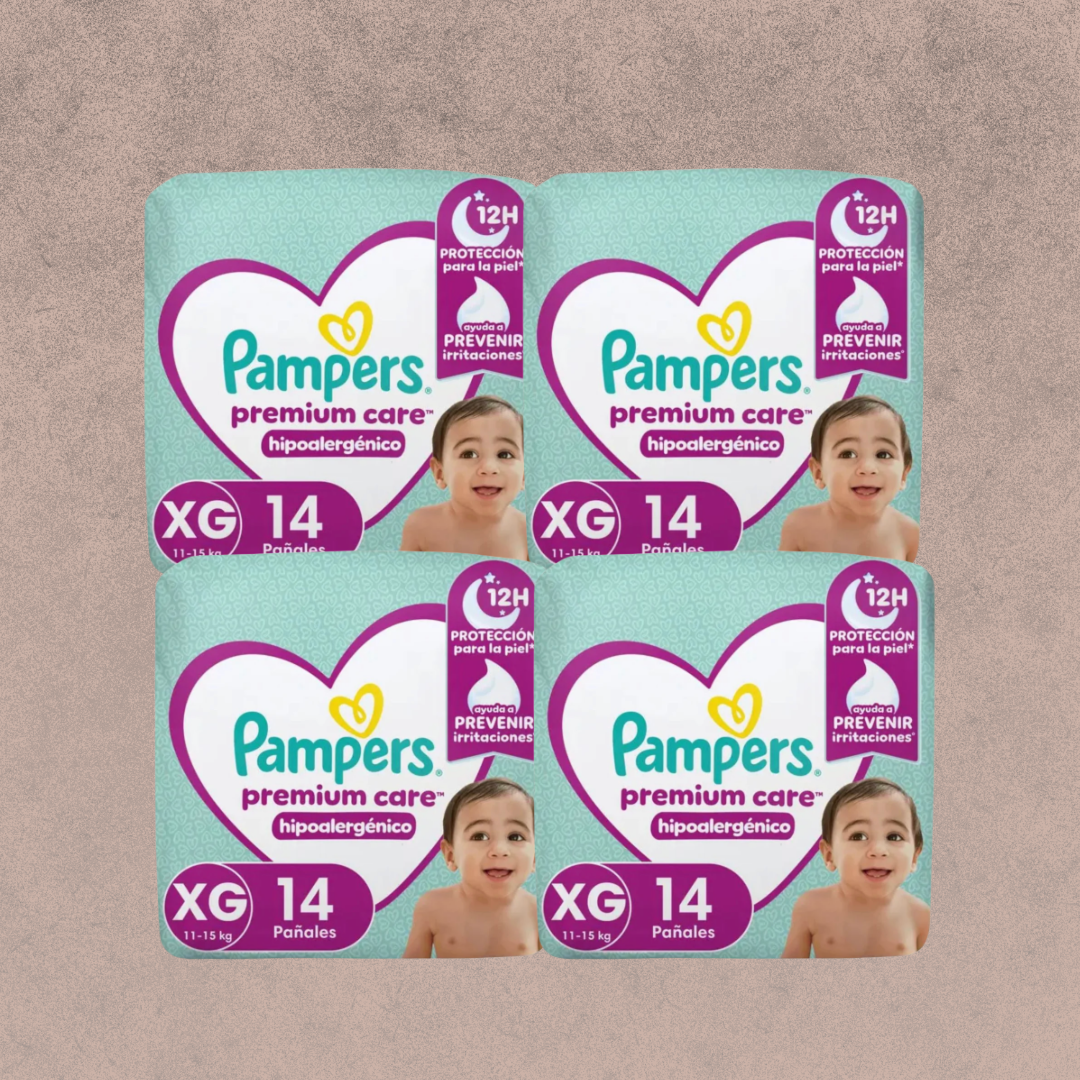 4 Paquetes de Pañales Pampers premium care Talla XG 56 unidades