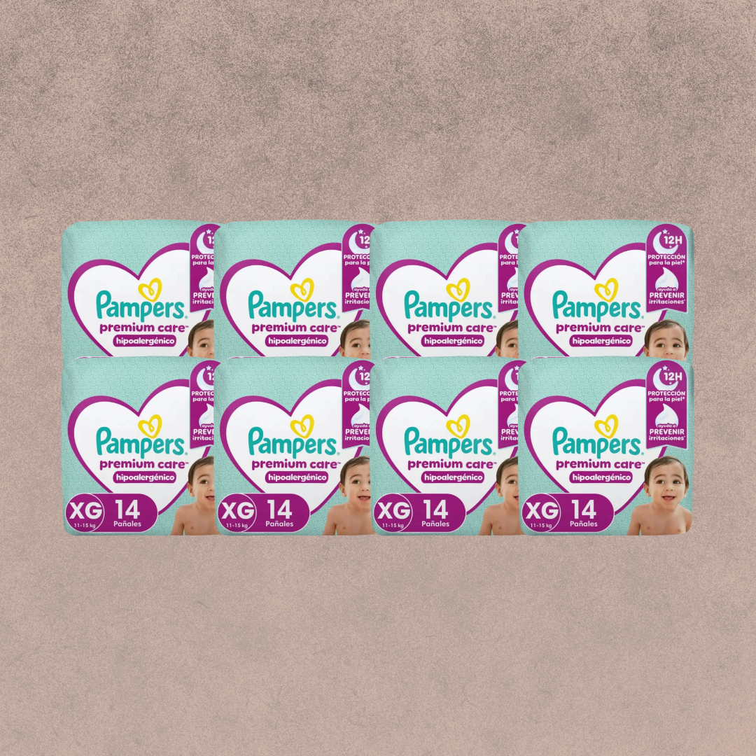 8 Paquetes de Pañales Pampers premium care Talla XG 112 unidades