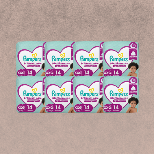 8 Paquetes de Pañales Pampers premium care Talla XXG 112 unidades