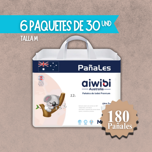 6 Paquetes de Pañales Aiwibi para Bebés Premium Talla M 180 unidades