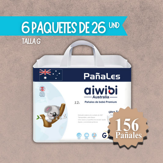6 Paquetes de Pañales Aiwibi para Bebés Premium Talla G 156 unidades