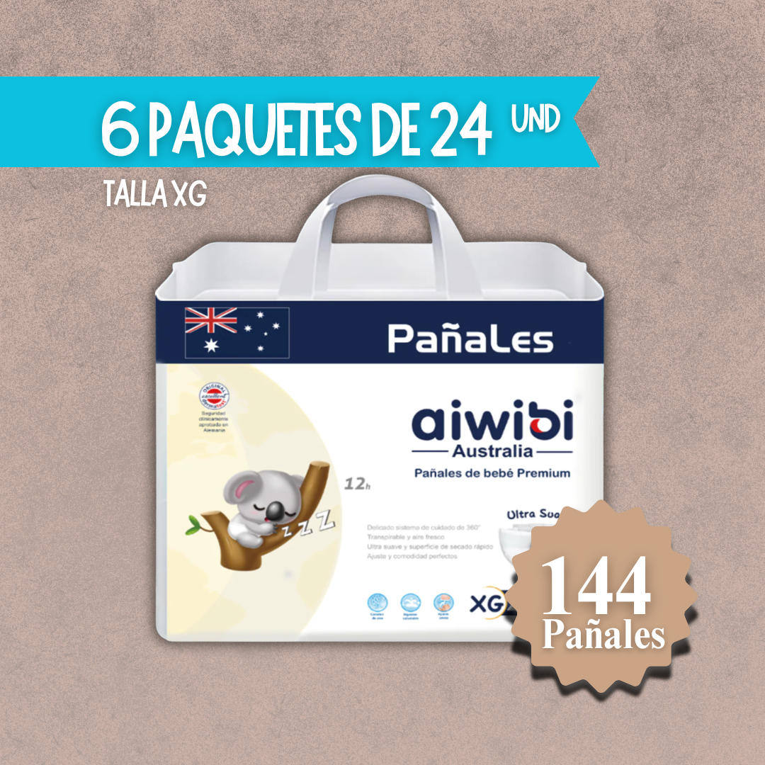 6 Paquetes de Pañales Aiwibi para Bebés Premium Talla XG 144 unidades