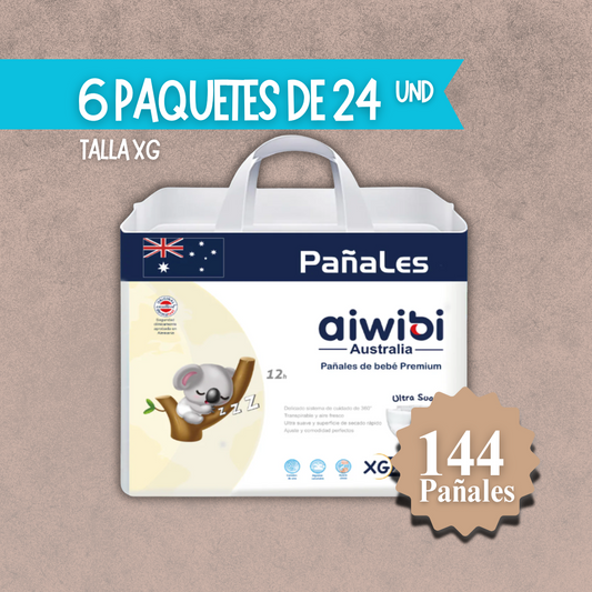 6 Paquetes de Pañales Aiwibi para Bebés Premium Talla XG 144 unidades