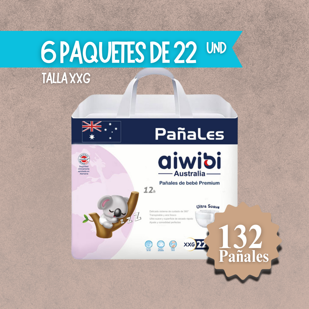 6 Paquetes de Pañales Aiwibi para Bebés Premium Talla XXG 132 unidades