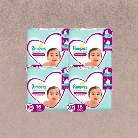 4 Paquetes de Pañales Pampers premium care Talla XG 64 unidades