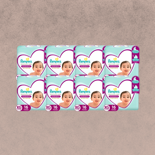8 Paquetes de Pañales Pampers premium care Talla XG 128 unidades