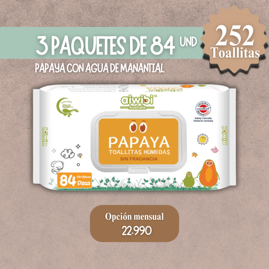 3 Paquetes de 84 Unidades Toallitas Papaya con Agua de Manantial