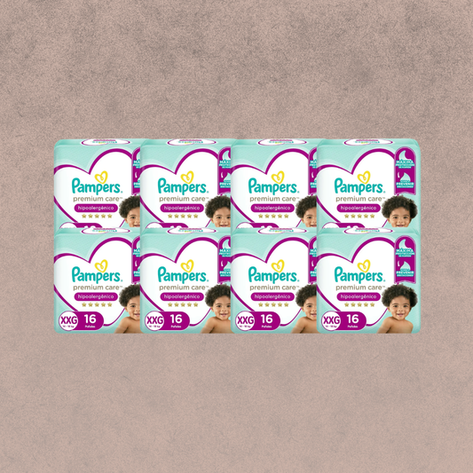 8 Paquetes de Pañales Pampers premium care Talla XXG 128 unidades