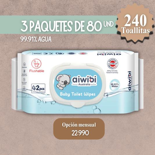 3 Paquetes de 80 Unidades Toallitas 99,1% Agua