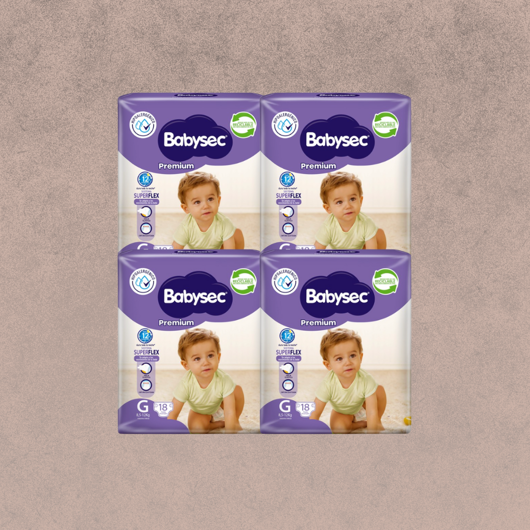 4 Paquetes de Pañales Babysec premium Talla G 72 unidades