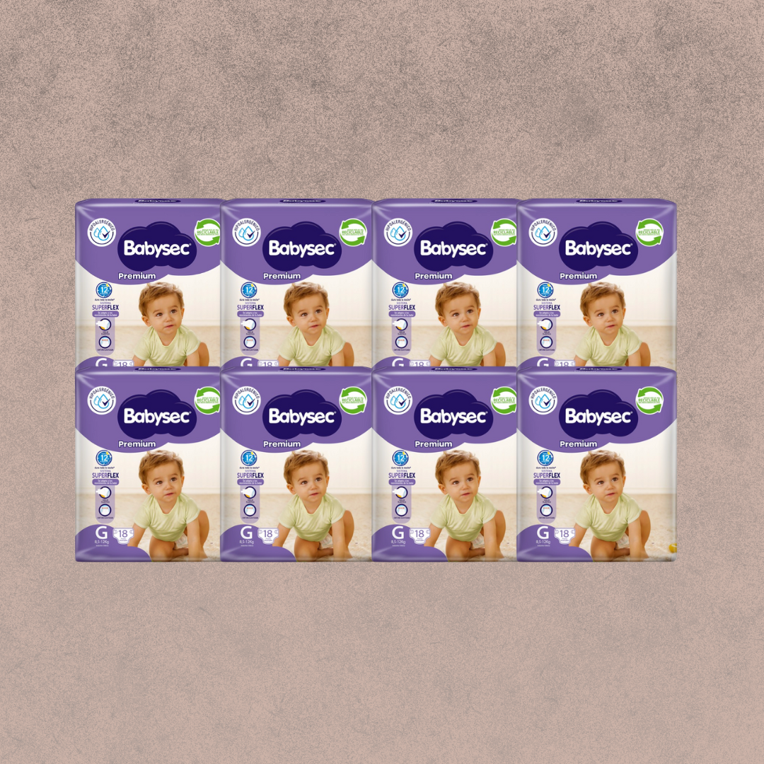 8 Paquetes de Pañales Babysec premium Talla G 144 unidades