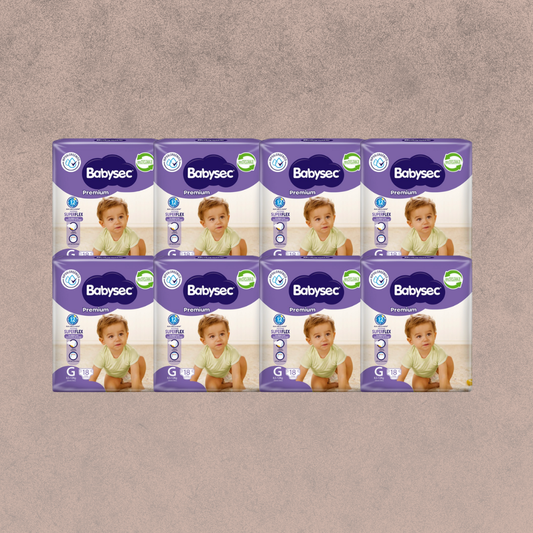 8 Paquetes de Pañales Babysec premium Talla G 144 unidades