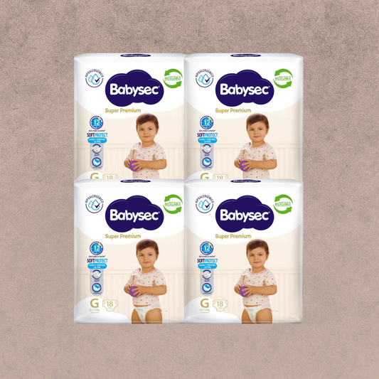 4 Paquetes de Pañales Babysec Super premium Talla G. 72 unidades
