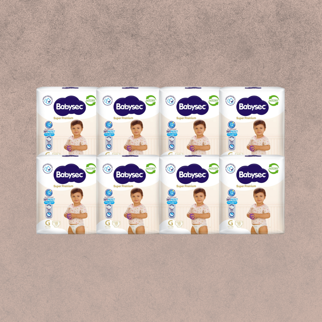 8 Paquetes de Pañales Babysec Super premium Talla G 144 unidades