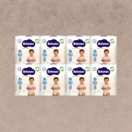 8 Paquetes de Pañales Babysec Super premium Talla G 144 unidades