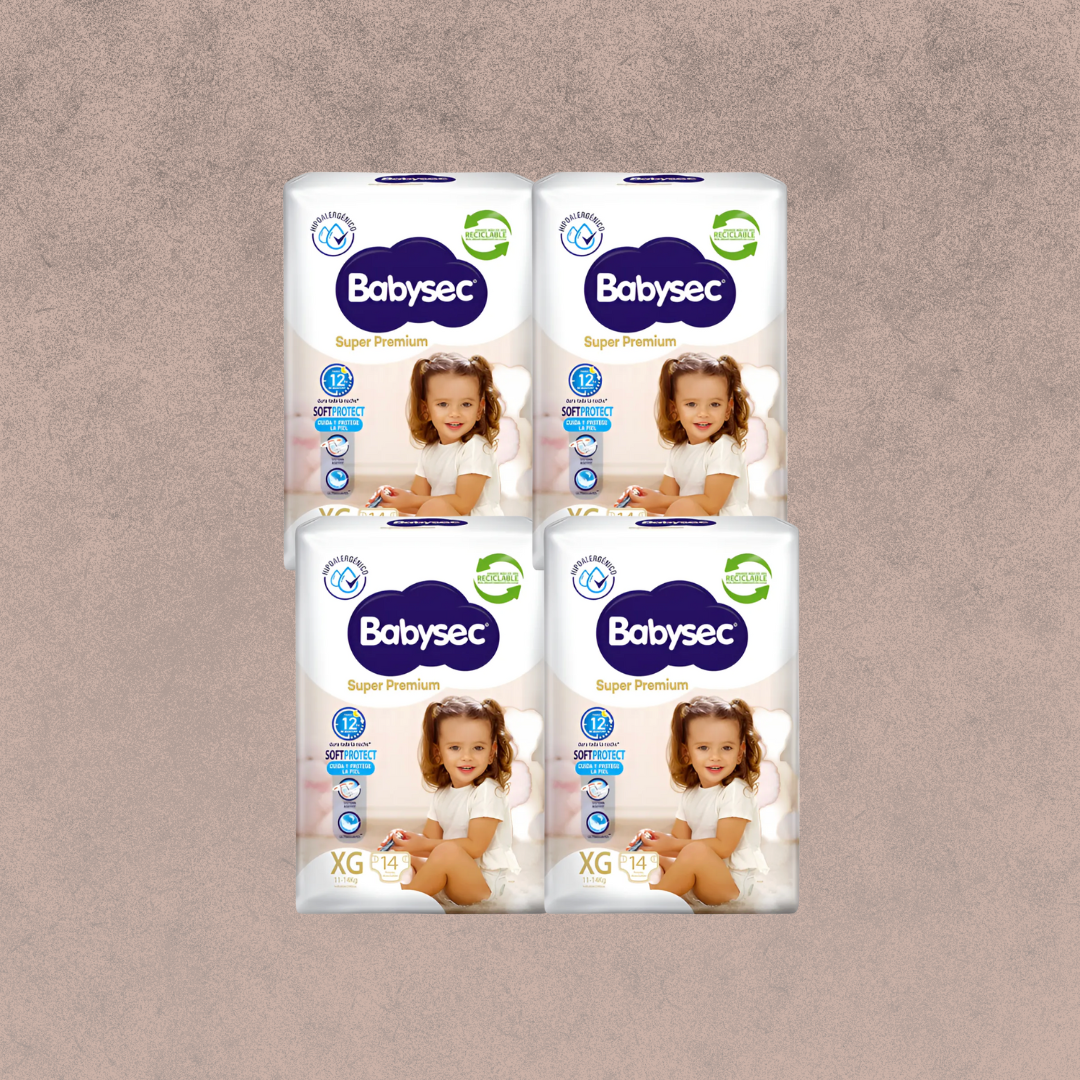 4 Paquetes de Pañales Babysec Super premium Talla XG. 56 unidades